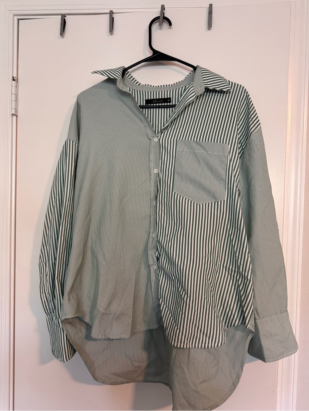 Striped Green Oversized Button-Up Shirt - Women